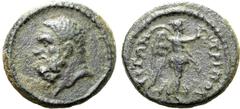 Greek Lydia, Tripolis Ӕ 16mm. Pseudo-autonomous issue, time of the Severans, AD 193-235. Bearded head of Herakles to left / TPΙΠΟΛЄITΩN, Nike advancing to right, holding wreath and palm frond. GRPC Ly