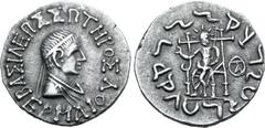 Greek Indo-Greek Kingdom, Hermaios Soter AR Tetradrachm. Indo-Skythian imitation, circa 85-80 BC. BAΣIΛEΩΣ ΣΩTHPOΣ EPMAIOY, diademed and draped bust to right / 'Maharajasa tratarasa Heramayasa' in Kha