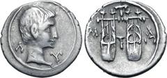 Roman Provincial Augustus AR Drachm of Masicytus, Lycia. 27-20 BC. Bare head to right; Λ-Υ across fields / Two citharas, with plectrum between, plectrum above and M-A to left and right. RPC I 3309c; S