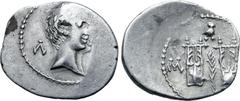 Roman Provincial Augustus AR Drachm of Masicytus, Lycia. 27-20 BC. Bare head to right; Λ-[Υ] across fields / Two citharas, with branch between, owl above and M-[A] to left and right. RPC I 3309c; Trox