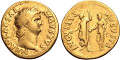 Roman Imperial Nero AV Aureus. Rome, AD 64-65. NERO CAESAR AVGVSTVS, laureate head to right / AVGVSTVS AVGVSTA, on left, Nero, radiate and togate, standing to left, holding patera and sceptre; on righ