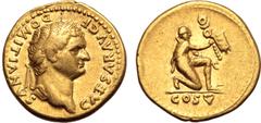 Roman Imperial Domitian, as Caesar, AV Aureus. Rome, AD 77-78. CAESAR AVG F DOMITIANVS, laureate head to right / Parthian captive kneeling to right, offering up standard with vexillum; COS V in exergu