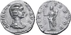 Roman Imperial Didia Clara (daughter of D. Julianus) AR Denarius. Rome, April-June AD 193. DIDIA CLARA AVG, draped bust to right / HILAR TEMPOR, Hilaritas standing to left, holding long palm and cornu