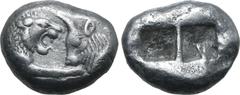 Greek Kingdom of Lydia, Kroisos AR Stater - Double Siglos. Sardes, circa 561-546 BC. Confronted foreparts of lion to right and bull to left / Two incuse squares of unequal size. GRPC Lydia S1; Berk 20