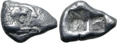 Greek Kingdom of Lydia, Kroisos AR 1/6 Stater. Sardes, circa 561-546 BC. Confronted foreparts of lion to right and bull to left / Two incuse square punches of unequal size. GRPC Lydia S6; Rosen 667; S