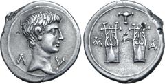 Roman Provincial Augustus AR Drachm of Masicytus, Lycia. 27-20 BC. Bare head to right; Λ-Υ across fields / Two citharas, pellet between, plectrum above and M-A to left and right. RPC I 3309c; SNG von 