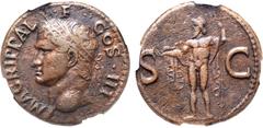 Roman Imperial Agrippa (grandfather of Caligula) Æ As. Rome, AD 37-41. M•AGRIPPA•L•F•COS III, head to left, wearing rostral crown / Neptune standing to left, holding small dolphin and trident; S-C acr