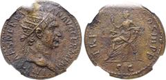 Roman Imperial Trajan Æ Dupondius. Rome, AD 100. IMP CAES NERVA TRAIAN AVG GERM P M, radiate head to right / TR POT COS III P P, Abundantia seated to left on chair of two cornucopiae, holding sceptre;