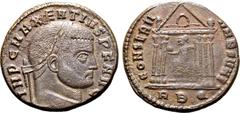 Roman Imperial Maxentius BI Nummus. Rome, AD 308-310. IMP C MAXENTIVS P F AVG, laureate head to right / CONSERV VRB SVAE, Roma seated facing, head to left, holding globe and sceptre, in hexastyle temp