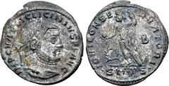 Roman Imperial Licinius I BI Nummus. Thessalonica, AD 312. IMP C VAL LIC LICINIVS P F AVG, laureate head to right / IOVI CONSERVATORI, Jupiter standing facing, head to left, holding globe and sceptre;