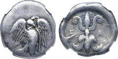 Greek Elis, Olympia AR Stater. Circa 424-420 BC. Obverse die signed by 'Da'. Eagle standing to right, wings displayed, holding serpent in beak; [Δ]-A across lower fields / Winged thunderbolt with volu