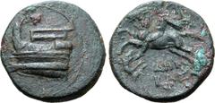 Greek Kingdom of Macedon, Demetrios I Poliorketes Æ 18mm. Uncertain mint in Macedon or Greece, circa 299-295 BC. Prow to left / Demetrios on horseback charging to left, about to hurl spear at forepart
