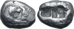 Greek Kingdom of Lydia, Kroisos AR Stater - Double Siglos. Sardes, circa 561-546 BC. Confronted foreparts of lion to right and bull to left / Two incuse squares of unequal size. GRPC Lydia S1; Berk 20