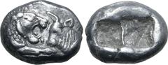 Greek Kingdom of Lydia, Kroisos AR 1/6 Stater. Sardes, circa 561-546 BC. Confronted foreparts of lion to right and bull to left / Two incuse square punches of unequal size. GRPC Lydia S6; Rosen 667; S