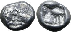 Greek Kingdom of Lydia, Kroisos AR 1/12 Stater. Sardes, circa 561-546 BC. Confronted foreparts of lion to right and bull to left / Incuse square. GRPC Lydia S8; SNG Kayhan 1020-21; SNG von Aulock 2880
