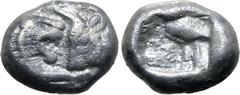 Greek Kingdom of Lydia, Kroisos AR 1/12 Stater. Sardes, circa 561-546 BC. Confronted foreparts of lion to right and bull to left / Incuse square. GRPC Lydia S8; SNG Kayhan 1020-21; SNG von Aulock 2880