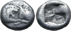 Greek Kingdom of Lydia, Kroisos AR 1/12 Stater. Sardes, circa 561-546 BC. Confronted foreparts of lion to right and bull to left / Incuse square. GRPC Lydia S8; SNG Kayhan 1020-21; SNG von Aulock 2880