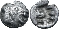 Greek Persia, Achaemenid Empire AR 1/48 Stater. Time of Kyros - Darios I, in the types of Kroisos. Sardes, circa 550-520 BC. Head of roaring lion to right / Irregular incuse punch. GRPC Lydia S13 = Na