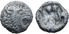 Greek Persia, Achaemenid Empire AR 1/48 Stater. Time of Kyros - Darios I, in the types of Kroisos. Sardes, circa 550-520 BC. Head of roaring lion to right / Irregular incuse punch. GRPC Lydia S13 = Na