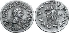 Greek Indo-Greek Kingdom, Hermaios Soter AR Tetradrachm. Indo-Skythian imitation, circa 85-80 BC. BAΣIΛEΩΣ ΣΩTHPOΣ EPMAIOY, diademed and draped bust to right / 'Maharajasa tratarasa Heramayasa' in Kha
