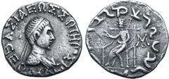 Greek Indo-Greek Kingdom, Hermaios Soter AR Tetradrachm. Indo-Skythian imitation, circa 85-80 BC. BAΣIΛEΩΣ ΣΩTHPOΣ EPMAIOY, diademed and draped bust to right / 'Maharajasa tratarasa Heramayasa' in Kha