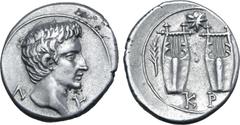 Roman Provincial Augustus AR Drachm of Kragos, Lycia. 27-20 BC. Bare head to right; Λ-Υ across fields / Two citharas; branch in left field, star above, KP in exergue. RPC I 3309a; Troxell, Lycian Leag