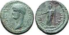 Roman Provincial Nero Æ 25mm of Dium, Macedon. AD 54-68. NERO CLAVDIVS CAESAR, bare head to right / COL IVL DIENSIS, Athena/ Roma standing to left, holding patera and spear; D-D across fields. RPC I 1