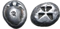 Greek Islands off Attica, Aegina AR Stater. Circa 525-475 BC. Sea turtle, head in profile, with 'T' design in pellets on shell / Incuse square with 'proto-skew' design. Meadows, Aegina, Group IIc; HGC