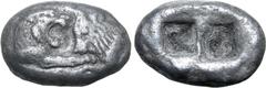 Greek Kingdom of Lydia, Kroisos AR Stater - Double Siglos. Sardes, circa 561-546 BC. Confronted foreparts of lion to right and bull to left / Two incuse squares of unequal size. GRPC Lydia S1; Berk 20