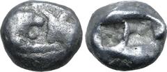 Greek Kingdom of Lydia, Kroisos AR Stater - Double Siglos. Sardes, circa 561-546 BC. Confronted foreparts of lion to right and bull to left / Two incuse squares of unequal size. GRPC Lydia S1; Berk 20