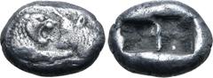 Greek Kingdom of Lydia, Kroisos AR 1/3 Stater. Sardes, circa 561-546 BC. Confronted foreparts of lion to right and bull to left / Two irregular incuse squares. GRPC Lydia S5; SNG Keckman 359; Boston M