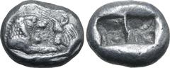 Greek Kingdom of Lydia, Kroisos AR 1/3 Stater. Sardes, circa 561-546 BC. Confronted foreparts of lion to right and bull to left / Two irregular incuse squares. GRPC Lydia S5; SNG Keckman 359; Boston M