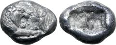 Greek Kingdom of Lydia, Kroisos AR 1/6 Stater. Sardes, circa 561-546 BC. Confronted foreparts of lion to right and bull to left / Two incuse square punches of unequal size. GRPC Lydia S6; Rosen 667; S