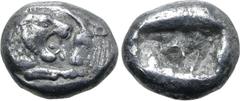 Greek Kingdom of Lydia, Kroisos AR 1/6 Stater. Sardes, circa 561-546 BC. Confronted foreparts of lion to right and bull to left / Two incuse square punches of unequal size. GRPC Lydia S6; Rosen 667; S