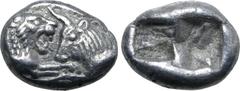Greek Kingdom of Lydia, Kroisos AR 1/6 Stater. Sardes, circa 561-546 BC. Confronted foreparts of lion to right and bull to left / Two incuse square punches of unequal size. GRPC Lydia S6; Rosen 667; S