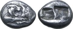Greek Kingdom of Lydia, Kroisos AR 1/6 Stater. Sardes, circa 561-546 BC. Confronted foreparts of lion to right and bull to left / Two incuse square punches of unequal size. GRPC Lydia S6; Rosen 667; S