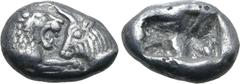 Greek Kingdom of Lydia, Kroisos AR 1/6 Stater. Sardes, circa 561-546 BC. Confronted foreparts of lion to right and bull to left / Two incuse square punches of unequal size. GRPC Lydia S6; Rosen 667; S