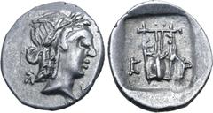 Greek Lykian League, Kragos AR Hemidrachm. Late 30s-27 BC. Laureate head of Apollo to right; Λ-Y flanking / Kithara; K-P across fields; all within shallow incuse square. Troxell, Lycia, Period IV, Ser