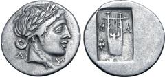 Greek Lykian League, Masikytes AR Hemidrachm. Circa 39-35 BC. Laureate head of Apollo to right; Λ behind, Y before / Kithara; M-A across fields, bee to lower left; all within shallow incuse square. Tr