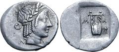 Greek Lykian League, Masikytes AR Hemidrachm. Circa 28-18 BC. Laureate head of Apollo to right; Λ behind, Y before / Kithara; M-A across fields, tripod in lower right field; all within shallow incuse 