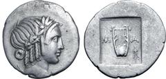Greek Lykian League, Masikytes AR Hemidrachm. Circa 28-18 BC. Laureate head of Apollo to right; [Λ behind, Y before] / Kithara; M-A across fields, tripod in lower right field; all within shallow incus