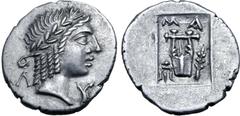 Greek Lykian League, Masikytes AR Hemidrachm. After 18 BC. Laureate head of Apollo to right; Λ behind, Y before / Kithara; MA above, trident head(?) to left, branch to right; all within shallow incuse