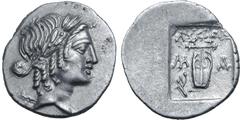 Greek Lykian League, Masikytes AR Hemidrachm. After 18 BC. Laureate head of Apollo to right, with bow and quiver over shoulder / Kithara; ΛYKIΩN above, M-A across fields, aphlaston in lower left field