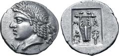 Greek Lykian League, Masikytes AR Hemidrachm. After 18 BC. Laureate head of Apollo to left; Λ behind, Y before / Kithara; M-A across upper fields, trident to left, kerykeion to right; all within shall