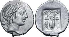 Greek Lykian League, Masikytes AR Hemidrachm. After 18 BC. Laureate head of Apollo to right, with bow and quiver over shoulder / Kithara; ΛYKIΩN above, M-A across fields, aphlaston in lower left field