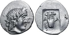 Greek Lykian League, Masikytes AR Hemidrachm. After 18 BC. Laureate head of Apollo to right; Λ behind, [Y before] / Kithara; A-M across fields, branch in lower left field; all within shallow incuse sq