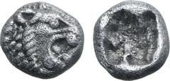 Greek Persia, Achaemenid Empire AR 1/48 Stater. Time of Kyros - Darios I, in the types of Kroisos. Sardes, circa 550-520 BC. Head of roaring lion to right / Irregular incuse punch. GRPC Lydia S13 = Na