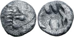 Greek Persia, Achaemenid Empire AR 1/48 Stater. Time of Kyros - Darios I, in the types of Kroisos. Sardes, circa 550-520 BC. Head of roaring lion to right / Irregular incuse punch. GRPC Lydia S13 = Na