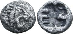 Greek Persia, Achaemenid Empire AR 1/48 Stater. Time of Kyros - Darios I, in the types of Kroisos. Sardes, circa 550-520 BC. Head of roaring lion to right / Irregular incuse punch. GRPC Lydia S13 = Na
