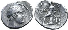 Greek Seleukid Empire, Antiochos(?), (son of Seleukos IV) AR Drachm. Antioch on the Orontes, 175 BC. Diademed head to right / [B]AΣIΛEΩΣ ANTIOXOY, Apollo seated to left on omphalos, testing arrow and 